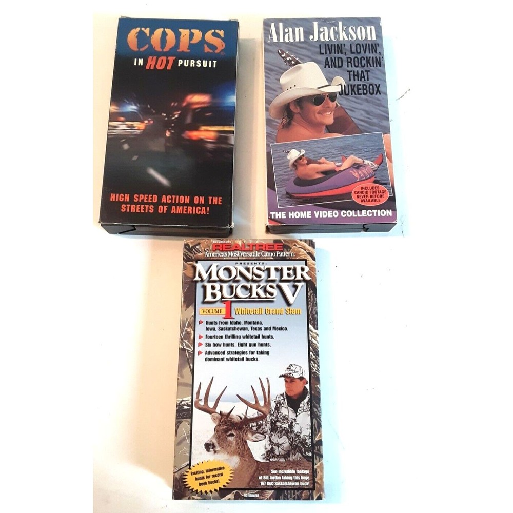 Lot of 3 VHS Tapes Monster Bucks V Cops In Hot Pursuit  Alan Jackson Home Video